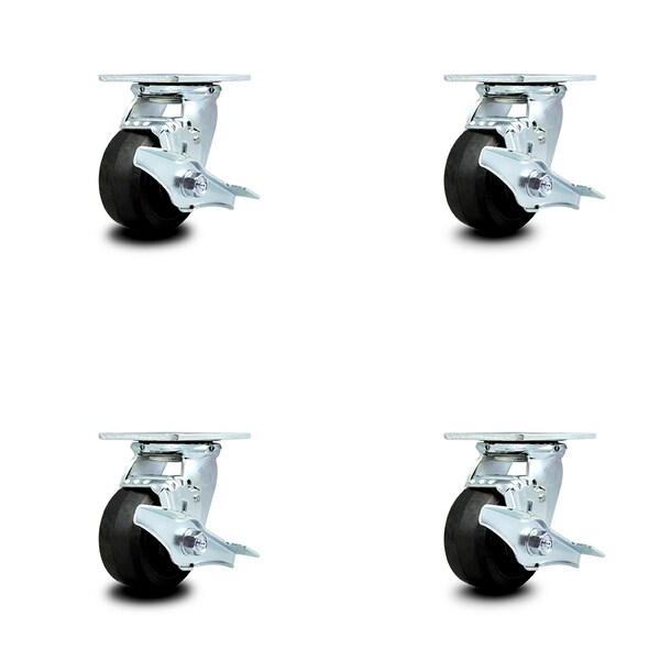 Service Caster 4 Inch Rubber on Steel Caster Set with Roller Bearings and Brake/Swivel Lock SCC SCC-30CS420-RSR-TLB-BSL-4 - main